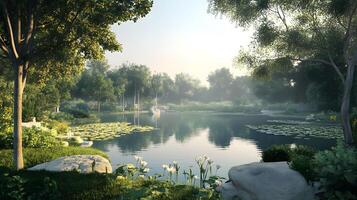 A serene lake surrounded by trees and rocks photo