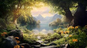 A beautiful forest with a lake in the background photo
