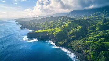 A beautiful view of the ocean and mountains with a clear blue sky photo
