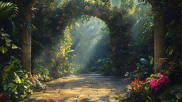A lush green garden with a stone archway leading to a path photo