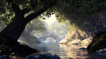 A forest scene with a river running through it photo