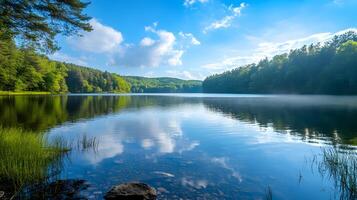 A lake with a cloudy sky in the background photo