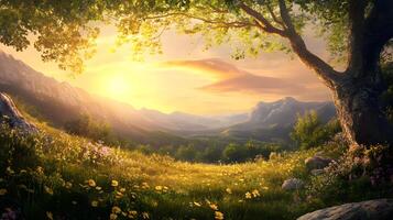 A beautiful landscape with a large tree in the foreground photo