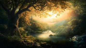 A beautiful forest scene with a large tree in the foreground photo