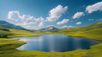 A large body of water sits in a grassy field with mountains in the background photo