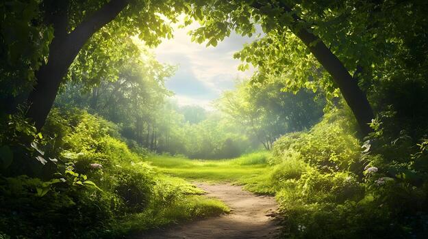 A path through a forest with trees on either side photo