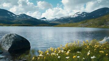 A large body of water with a rocky shoreline and mountains in the background photo