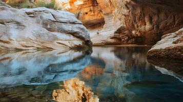 A river with a reflection of the sky and rocks photo