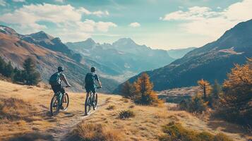 Two people are riding bikes on a trail in the mountains photo