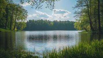 A lake with trees in the background photo