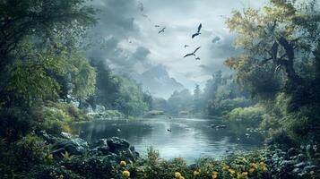 un bosque con un lago y un cascada foto