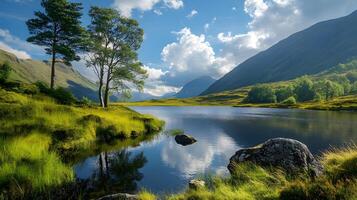 A serene landscape with a lake and trees in the background photo