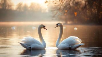 Two swans are swimming in a lake, one on the left and one on the right photo