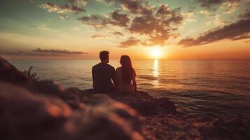 A couple is sitting on a rock overlooking the ocean at sunset photo