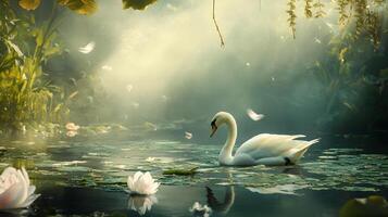 A swan is swimming in a pond with lily pads photo