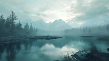 A serene lake surrounded by trees and mountains photo
