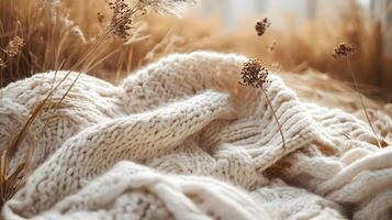 A knitted blanket is spread out on the ground, with a bunch of weeds photo