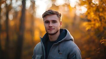 A man wearing a black hoodie and a grey jacket is smiling in a forest photo