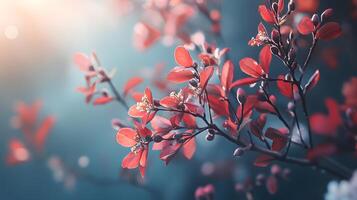 A branch of red leaves with a blue sky in the background photo