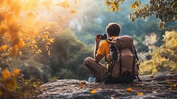 A man is sitting on a rock with a backpack and a camera photo