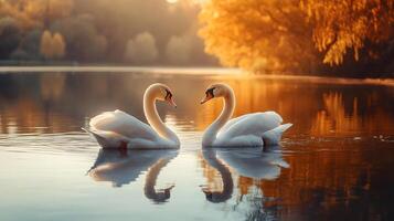 Two swans are swimming in a lake, with their heads facing each other photo