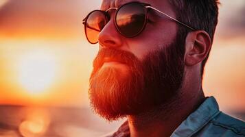 A man with a beard and sunglasses is standing on a beach at sunset photo