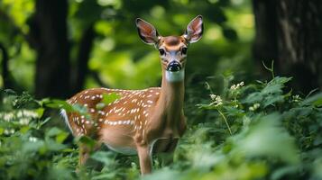 A deer is standing in a green field with leaves and grass photo