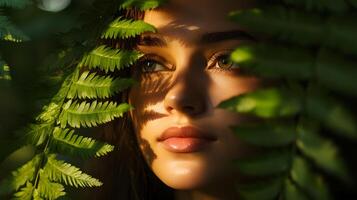 A woman with green eyes is standing in a forest with leaves on her face photo