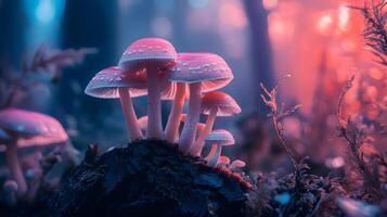 A group of mushrooms are growing on a rock in a forest photo