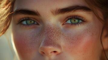 A woman with green eyes and a red nose photo