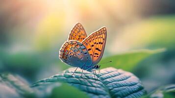 A butterfly is sitting on a leaf photo