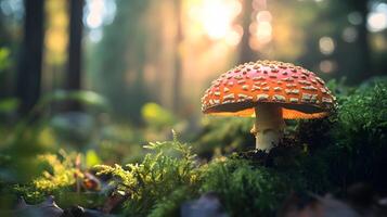 A large red mushroom is sitting on a patch of moss in the woods photo