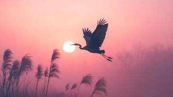 A bird is flying over a field of tall grass with a sun in the background photo