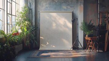 A studio with a white backdrop and a large window photo