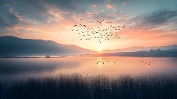 A beautiful sunset over a lake with a flock of birds flying in the sky photo