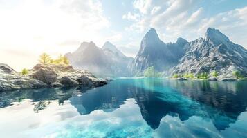 A beautiful mountain range with a lake in the foreground photo