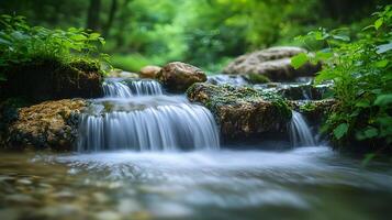A stream of water flows over rocks and plants photo