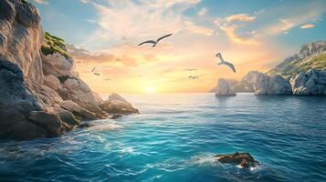 A beautiful ocean scene with a sunset in the background photo