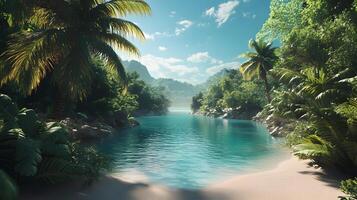 A beautiful tropical beach with palm trees and a calm blue ocean photo
