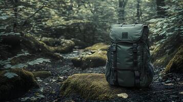 A backpack is sitting on a rocky path in a forest photo