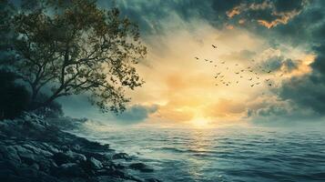 A beautiful sunset over the ocean with a tree in the background photo