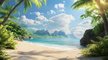 A beautiful beach scene with palm trees and a clear blue ocean photo