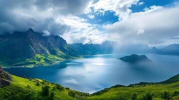 A beautiful mountain range with a lake in the foreground photo