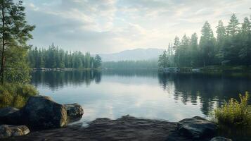A serene lake surrounded by trees and mountains photo