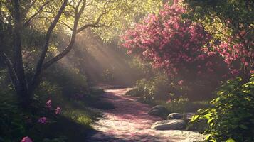 A path through a forest with a pink tree in the background photo
