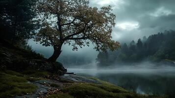 A tree stands alone in a forest with a body of water in the background photo