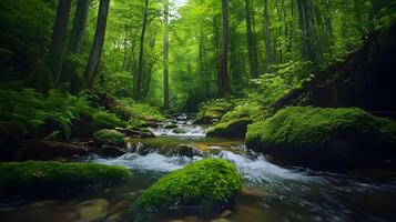A stream of water flows through a lush green forest photo