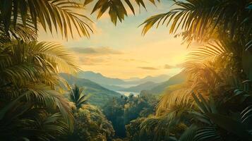 A lush green jungle with a beautiful sunset in the background photo