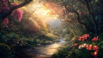 A lush green forest with a river running through it photo