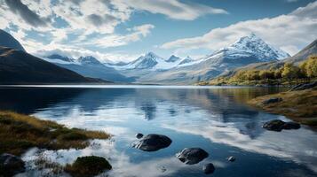A beautiful mountain lake with a reflection of the mountains in the water photo